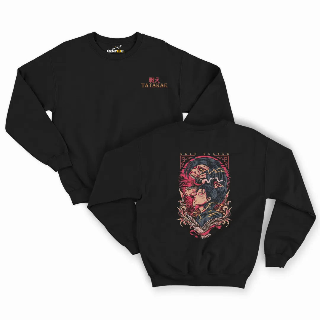 Eren Yeager Attack on Titan Anime Sweatshirt | "Tatakae" Premium Fleece Unisex Sweat Shirt | Unique Winter Wear by Stoiz